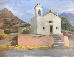 Mémorial d'une église ancienne du sud d'Italie des années 1930 dans un paysage par une artiste française féminine