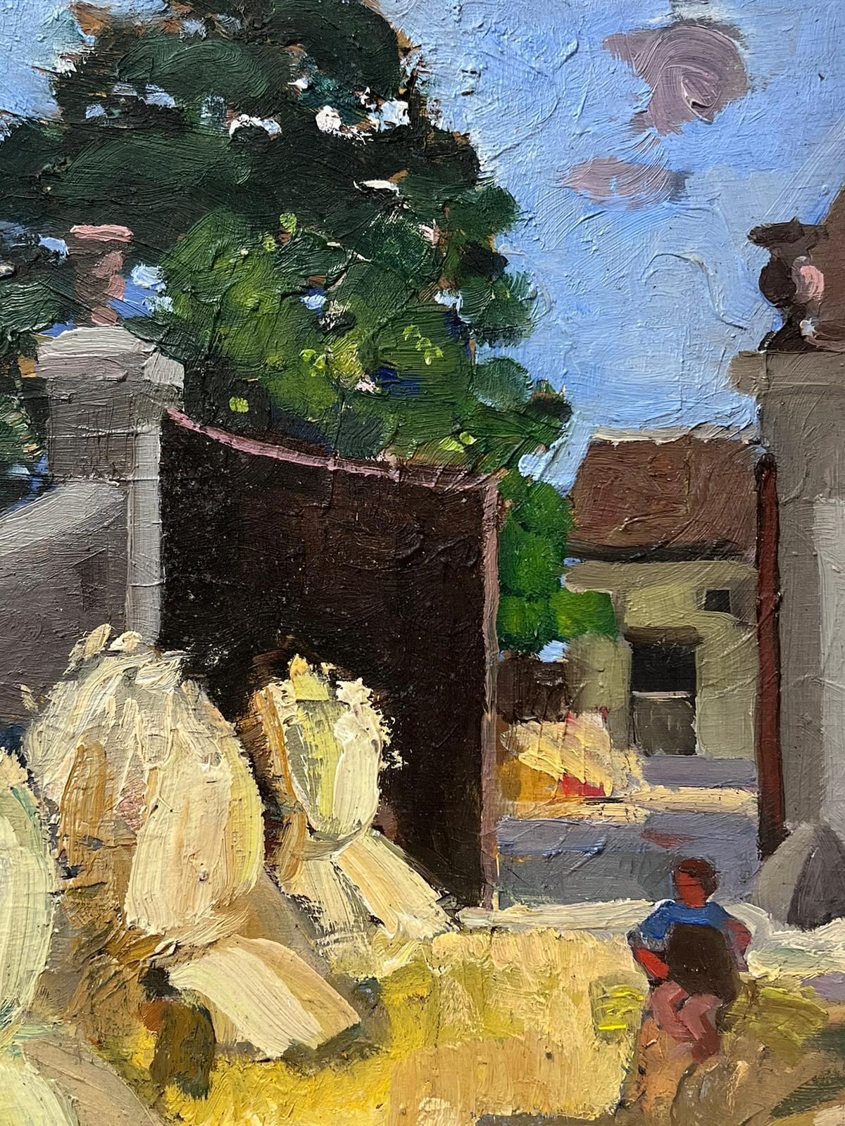 1930's Oil Painting French Landscape Straw Bunches In Courtyard 2