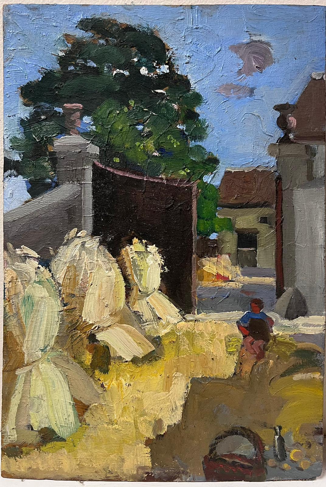 1930's Oil Painting French Landscape Straw Bunches In Courtyard 3
