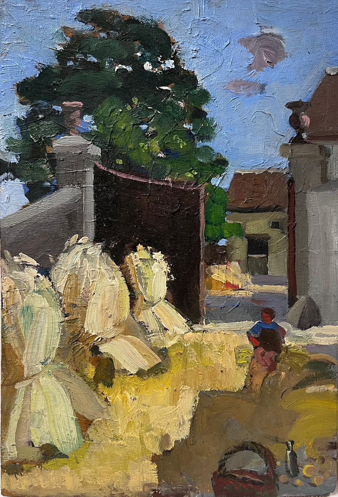 Louise Alix Figurative Painting - 1930's Oil Painting French Landscape Straw Bunches In Courtyard