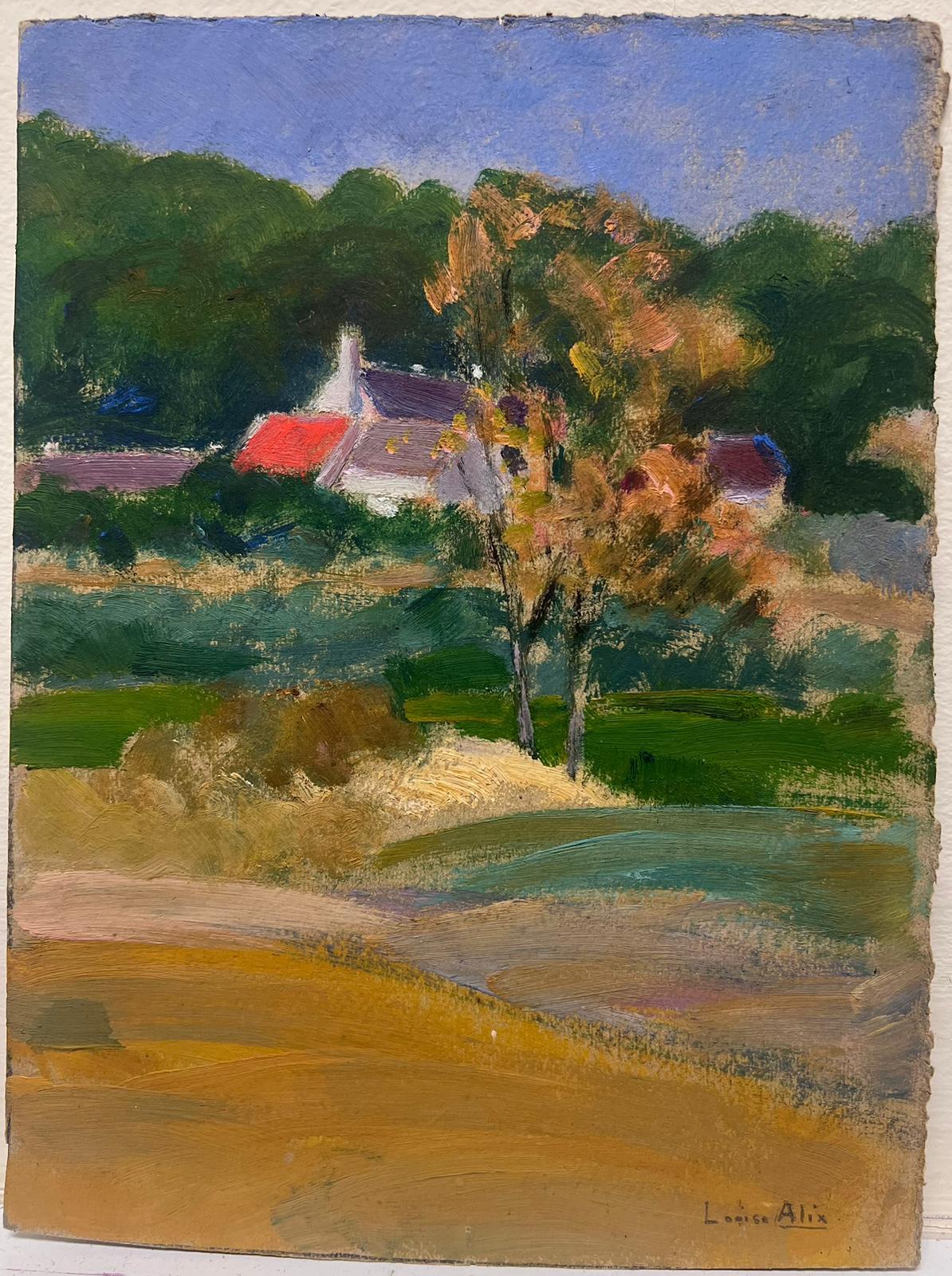 French Landscape
by Louise Alix (French, 1888-1980) *see notes below
provenance stamp to the back 
signed oil painting on board, unframed
measures: 9.5 high by 7 inches wide
condition: overall very good and sound, a few scuffs and marks to the