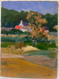 Ölgemälde Französisches Dorf hinter dem Dorf, 1930er Jahre  Grünes Feld  Landschaft