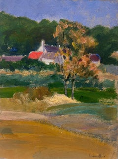 Peinture à l'huile des années 1930 Village français derrière  Greene & Greene  Paysage