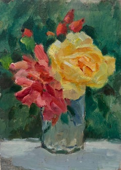 1930's Vintage Yellow and Red Rose Flower Still Life Painting