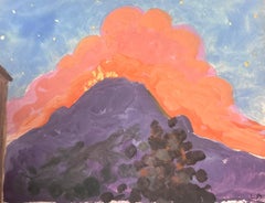 1930's Watercolour Painting French Purple and Orange Mountain Landscape