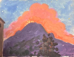 1930's Watercolour Painting French Purple and Orange Mountain Landscape 