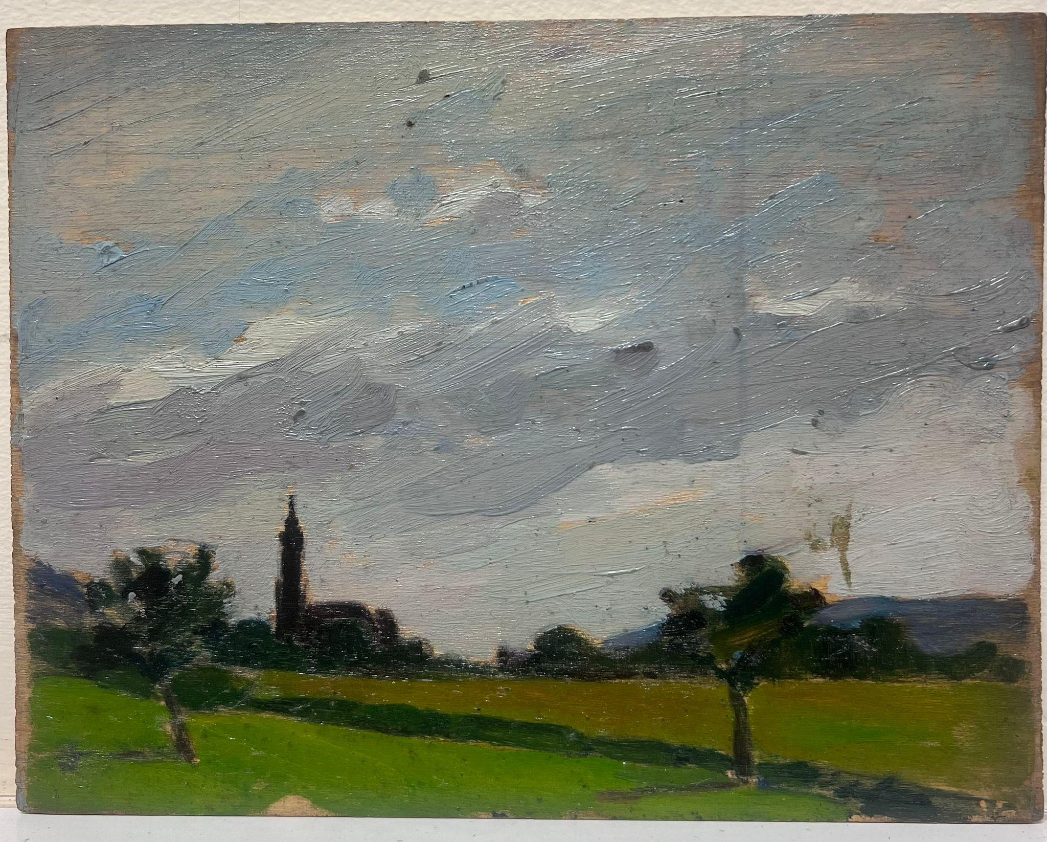 1940's French Atmospheric Green Landscape with Church Spire Original Oil  - Painting by Louise Alix