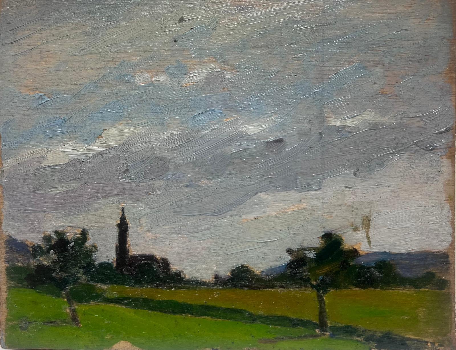 Louise Alix Landscape Painting - 1940's French Atmospheric Green Landscape with Church Spire Original Oil 