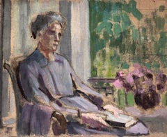 Huile impressionniste française des années 1940, dame âgée assise par fenêtre dans une pièce