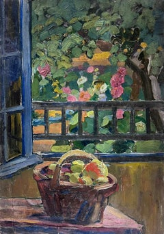1940's French Impressionist Oil Painting Apples In Basket On Garden Terrace