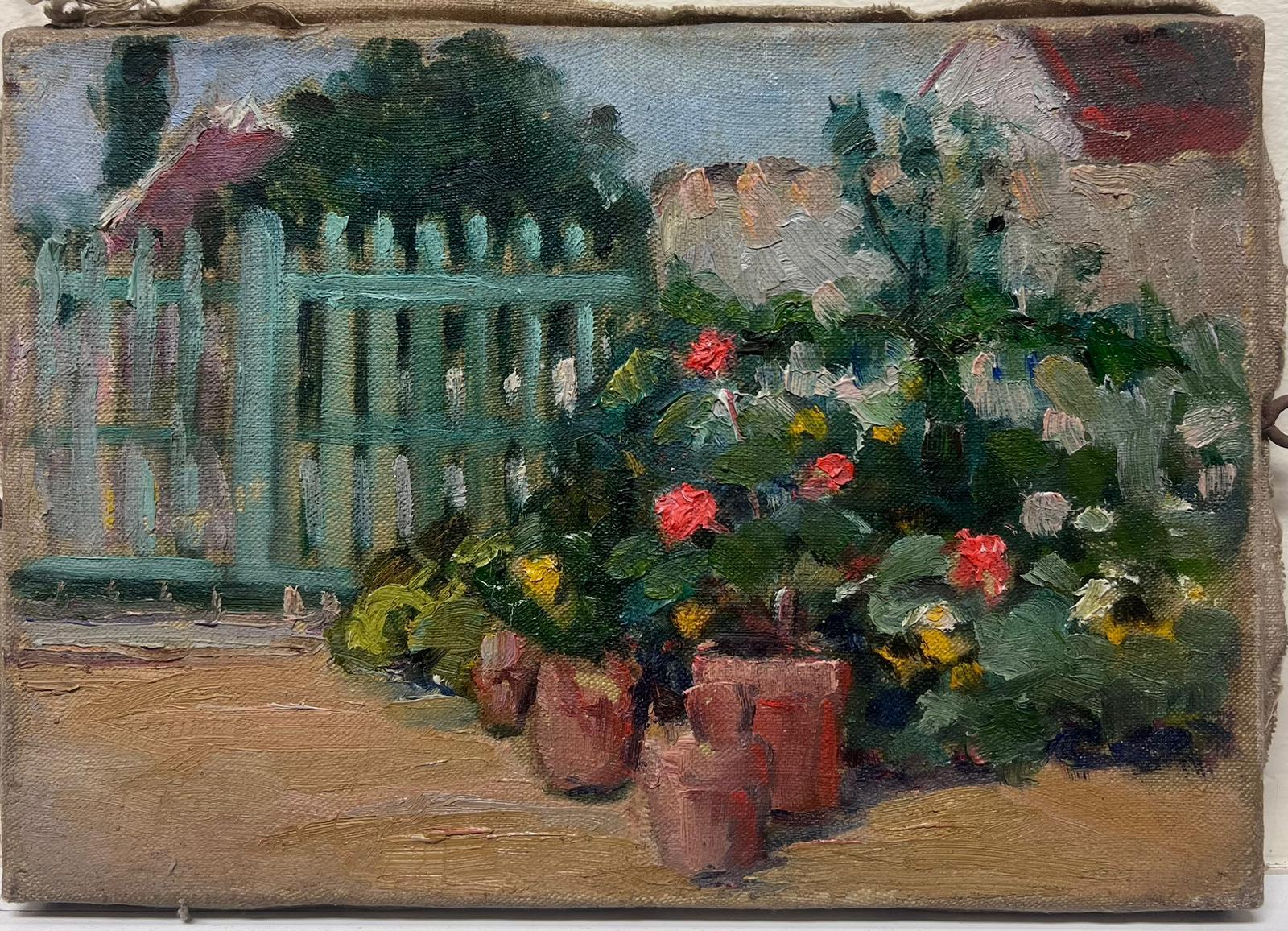 The Flower Garden
by Louise Alix (French, 1888-1980) *see notes below
provenance stamp to the back 
oil painting on canvas, unframed
measures: 7.75 high by 10.5 inches wide
condition: overall very good and sound, a few scuffs and marks to the