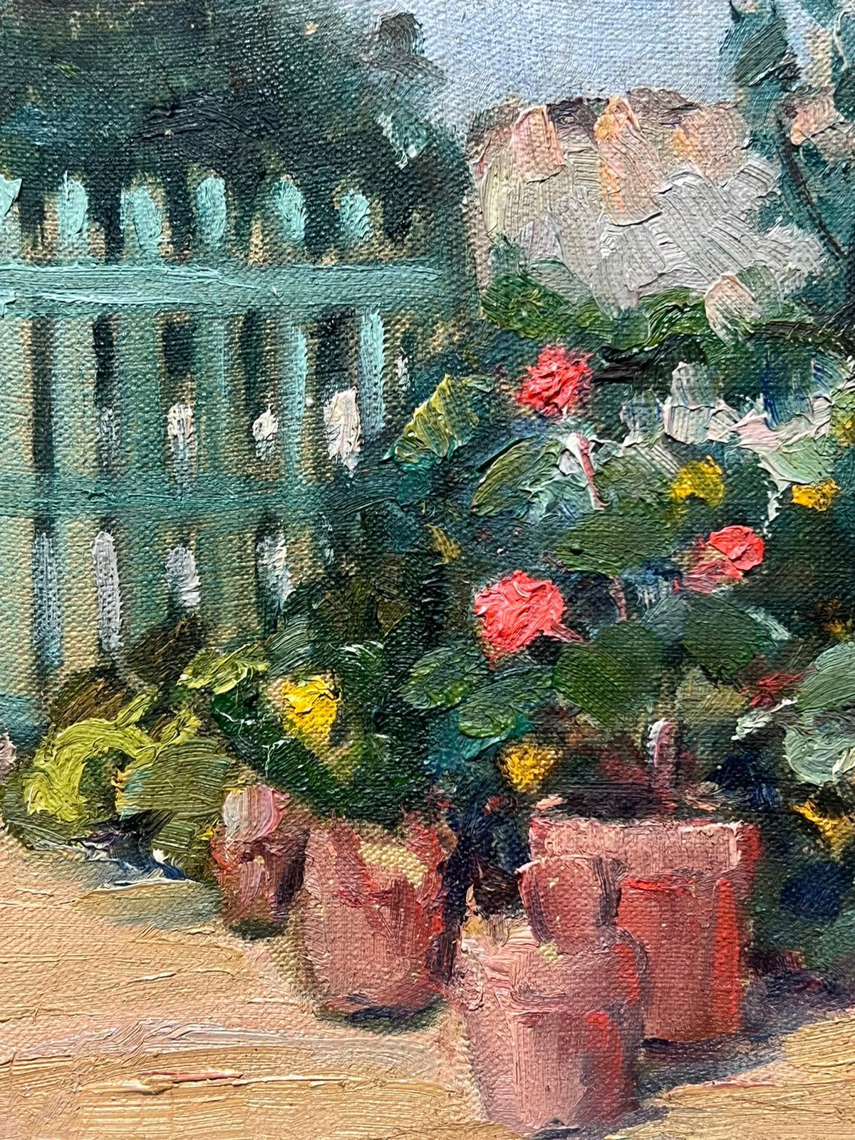 1940's French Impressionist Oil Painting Flowers in Cottage Garden For Sale 1