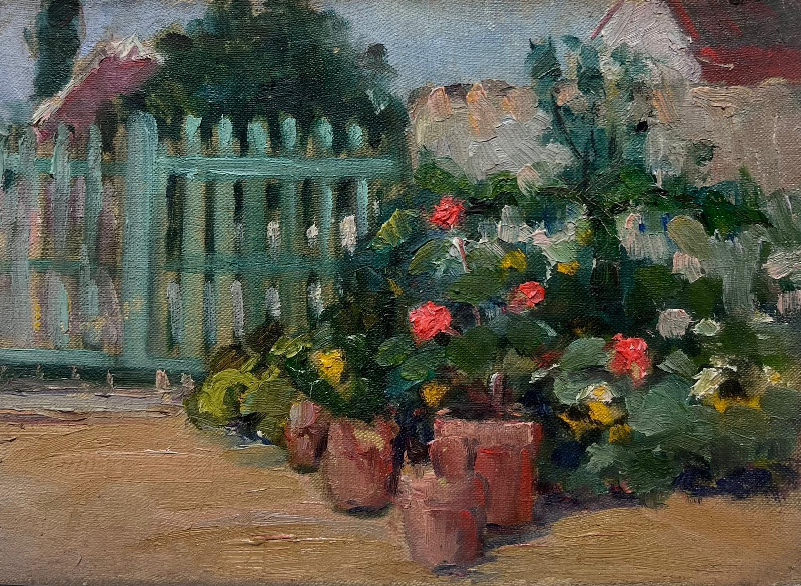 Landscape Painting di Louise Alix - Quadro a olio impressionista francese del 1940: Fiori nel giardino di un cottage