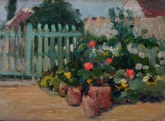 Peinture à l'huile impressionniste française des années 1940 Fleurs dans un jardin de campagne