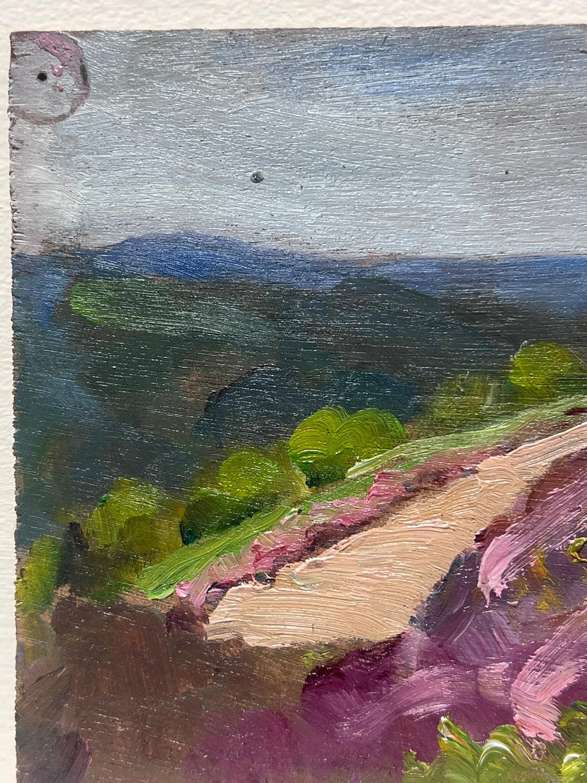 Purple and Green Landscape
by Louise Alix (French, 1888-1980) *see notes below
provenance stamp to the back 
oil painting on board, unframed
measures: 5.5 high by 7 inches wide
condition: overall very good and sound, a few scuffs and marks to the