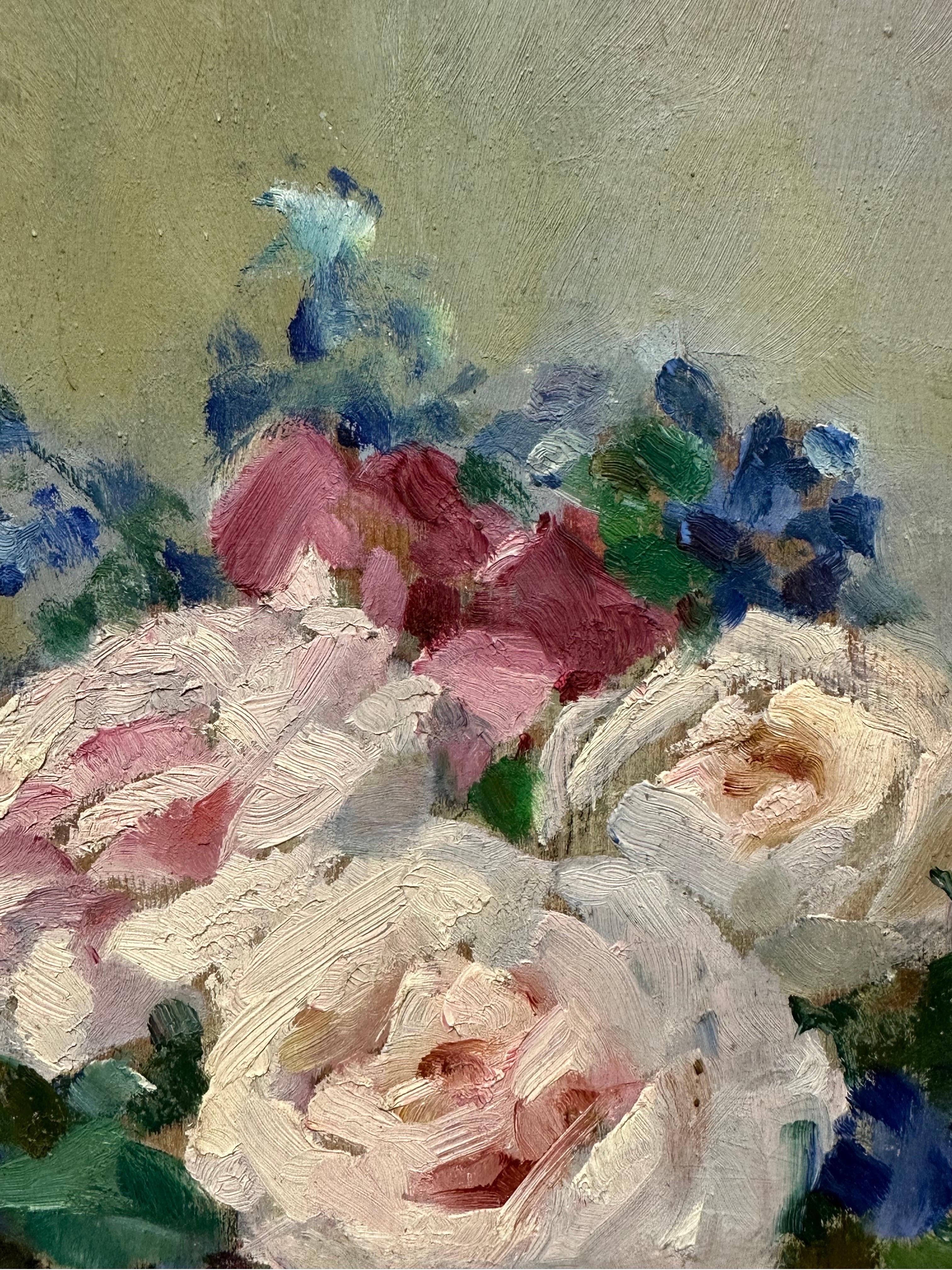 1940's French Impressionist Oil Painting Vintage Still Life of Roses Glass Vase For Sale 1