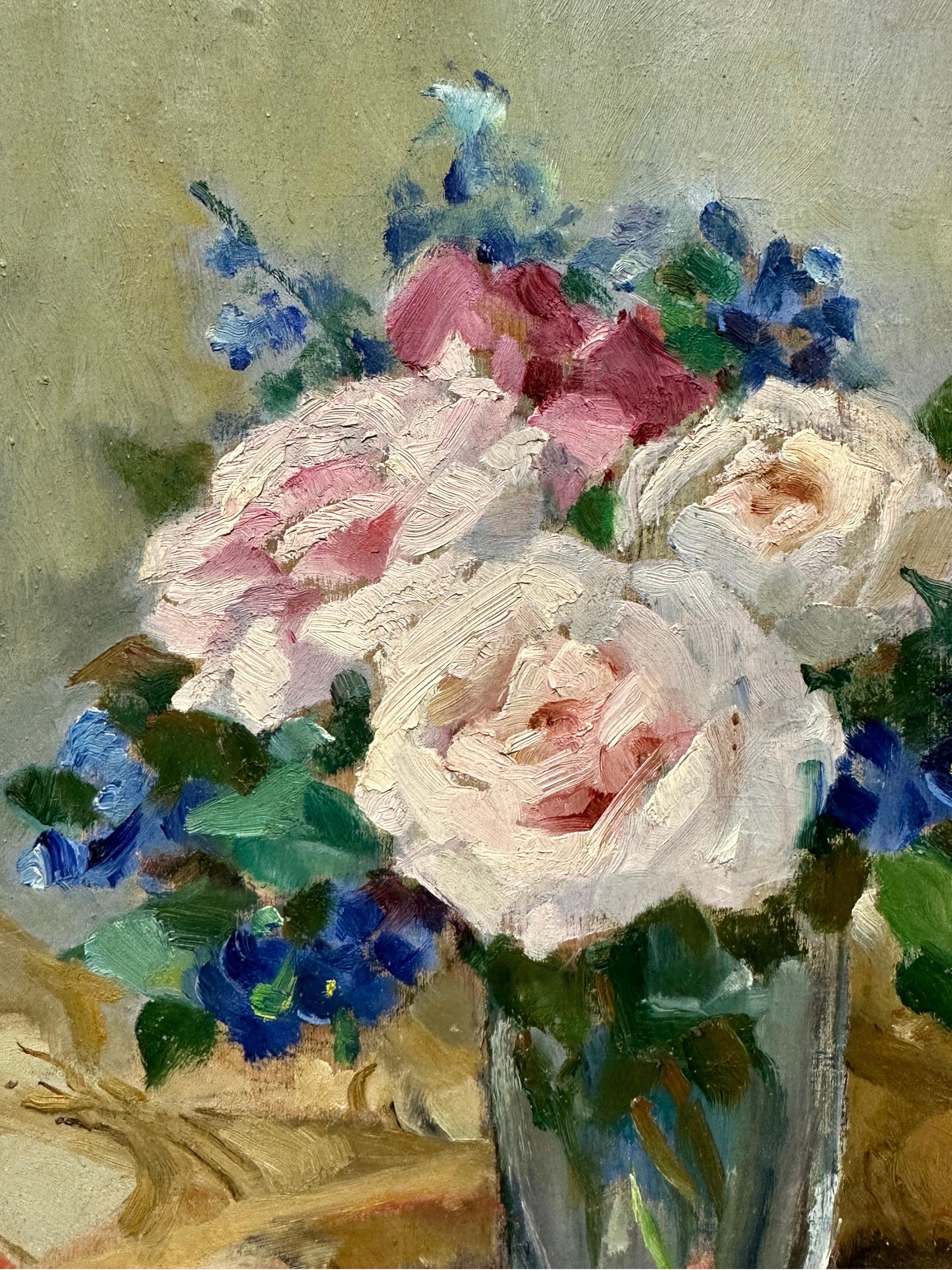 1940's French Impressionist Oil Painting Vintage Still Life of Roses Glass Vase For Sale 2