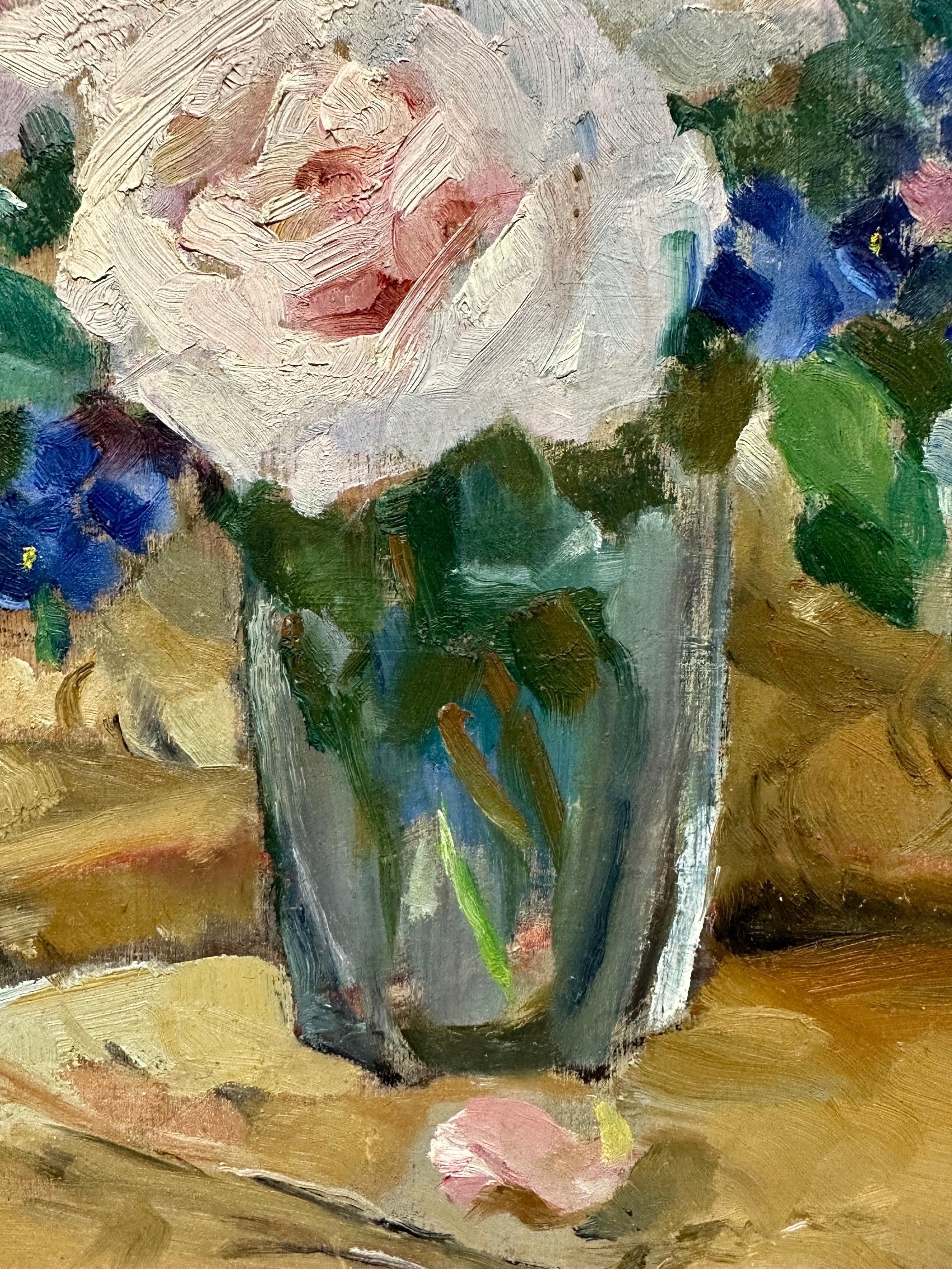 1940's French Impressionist Oil Painting Vintage Still Life of Roses Glass Vase For Sale 3