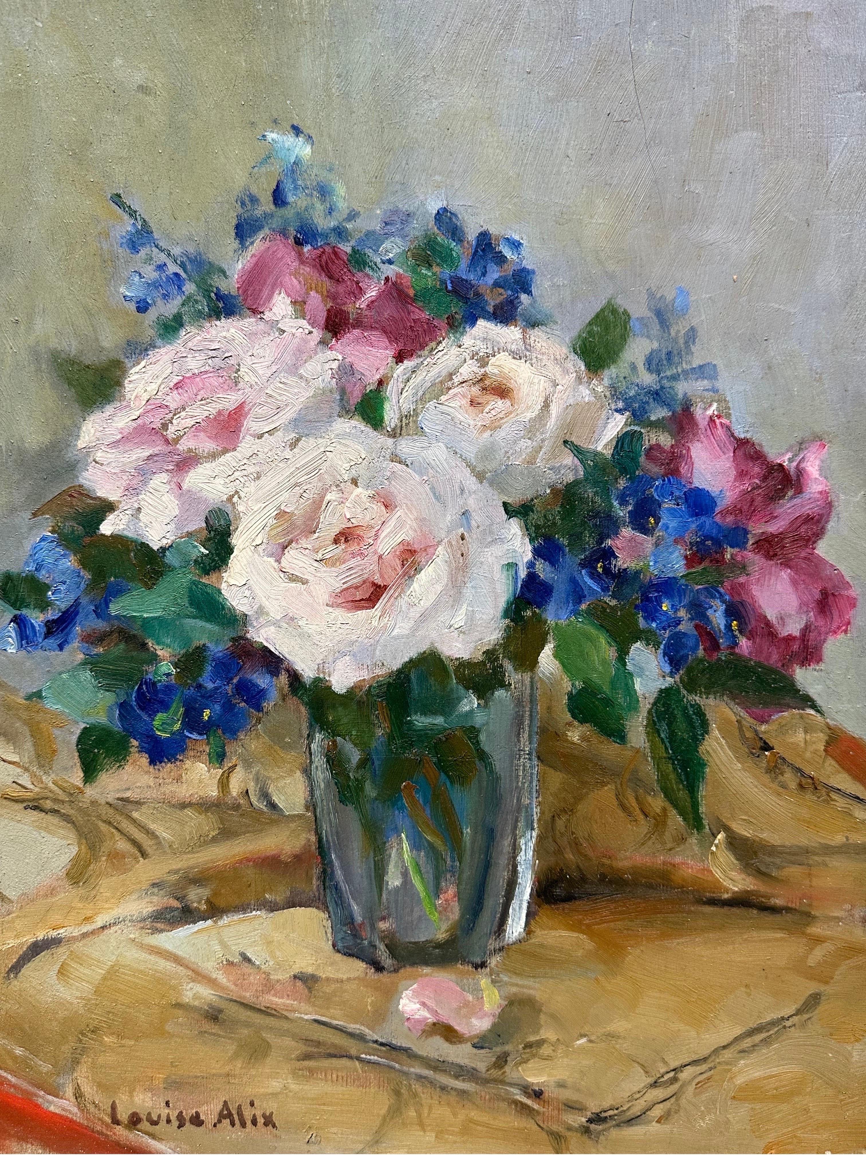 Louise Alix Still-Life Painting - 1940's French Impressionist Oil Painting Vintage Still Life of Roses Glass Vase
