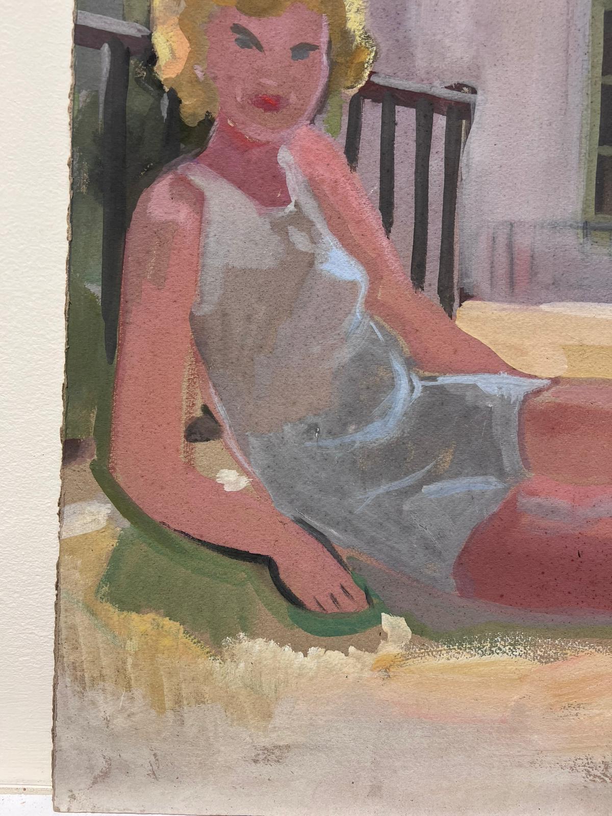Portrait of a Blonde Lady
by Louise Alix (French, 1888-1980) *see notes below
provenance stamp to the back 
oil painting on board, unframed
measures: 18 high by 15 inches wide
condition: overall very good and sound, a few scuffs and marks to the