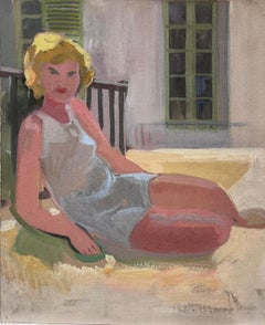Portrait à l'huile impressionniste français des années 1940 d'une jeune femme aux cheveux blonds