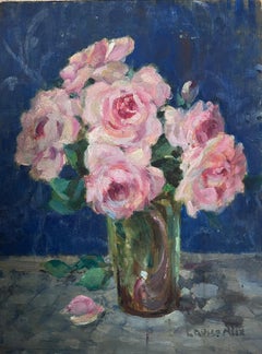 1940's French Impressionist Signed Oil Painting Pink Roses  Blue Background