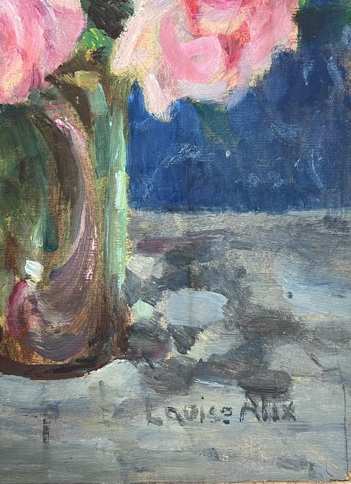 1940's French Impressionist Signed Oil Painting Pink Roses  Blue Background 1