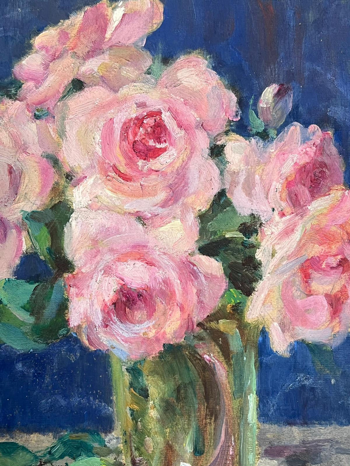 1940's French Impressionist Signed Oil Painting Pink Roses  Blue Background 2