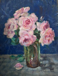 1940's French Impressionist Signed Oil Painting Pink Roses  Blue Background