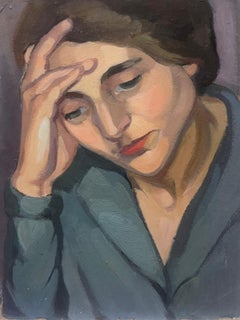 1940s French Oil Painting Portrait of A Brunette Female With Head In Hands