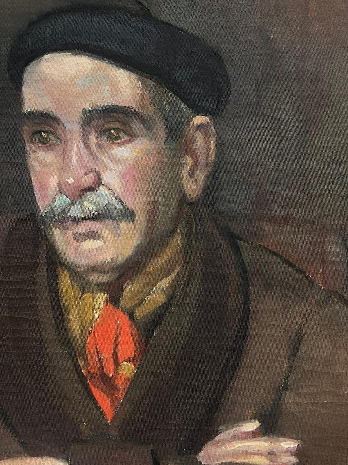 1940's French Oil Painting Portrait of Man in Beret & Neckerchief Tie 1