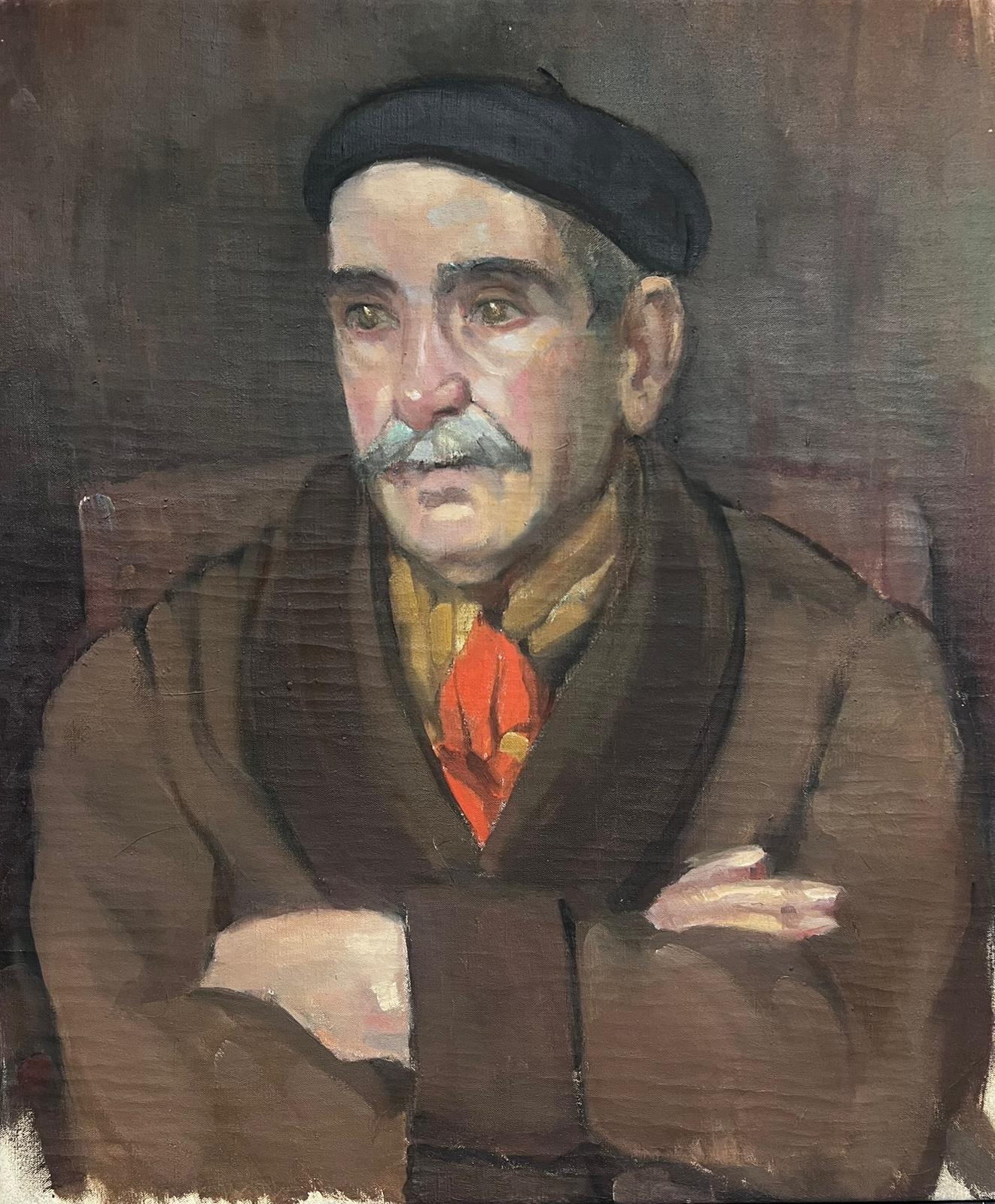 1940's French Oil Painting Portrait of Man in Beret & Neckerchief Tie  2