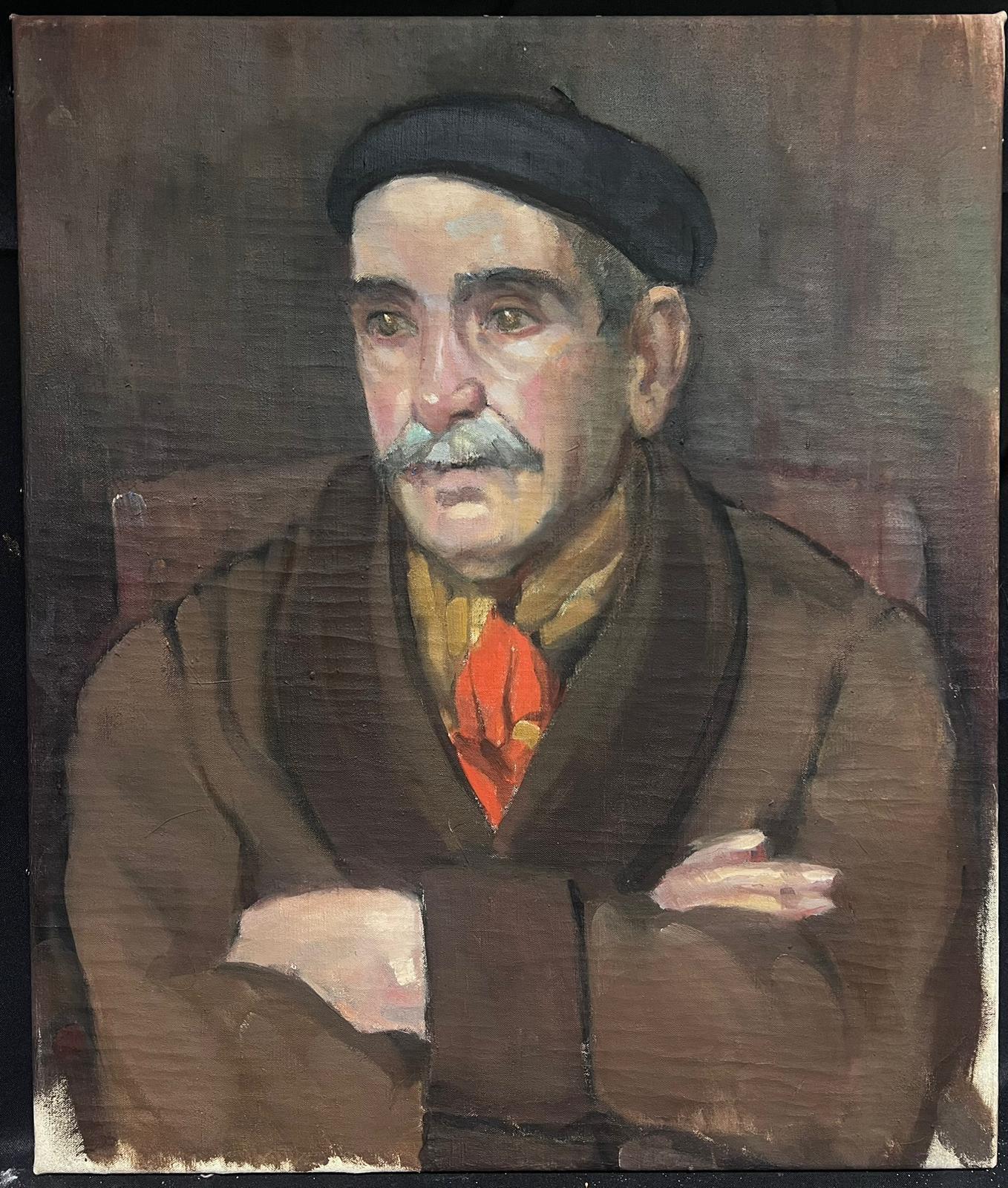 1940's French Oil Painting Portrait of Man in Beret & Neckerchief Tie 3