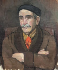 1940's French Oil Painting Portrait of Man in Beret & Neckerchief Tie 