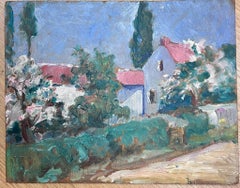 1940's French Oil Pretty Village Lane Cottage with Flowers Impressionist scene