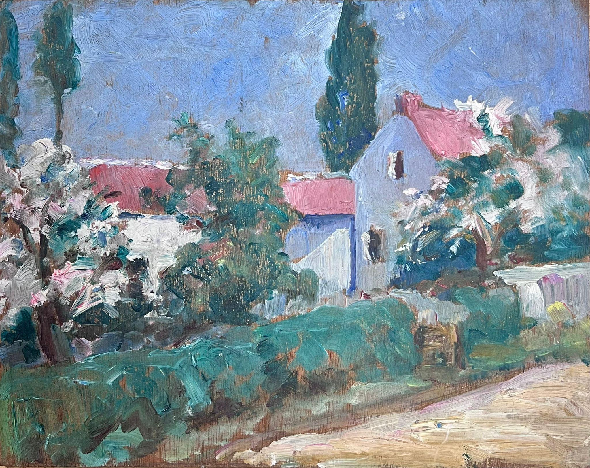 Louise Alix Landscape Painting - 1940's French Oil Pretty Village Lane Cottage with Flowers Impressionist scene