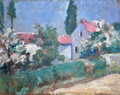 Französisches Ölgemälde „Pretty Village Lane“, Dorfhaus mit Blumen, Impressionistische Szene, 1940er Jahre