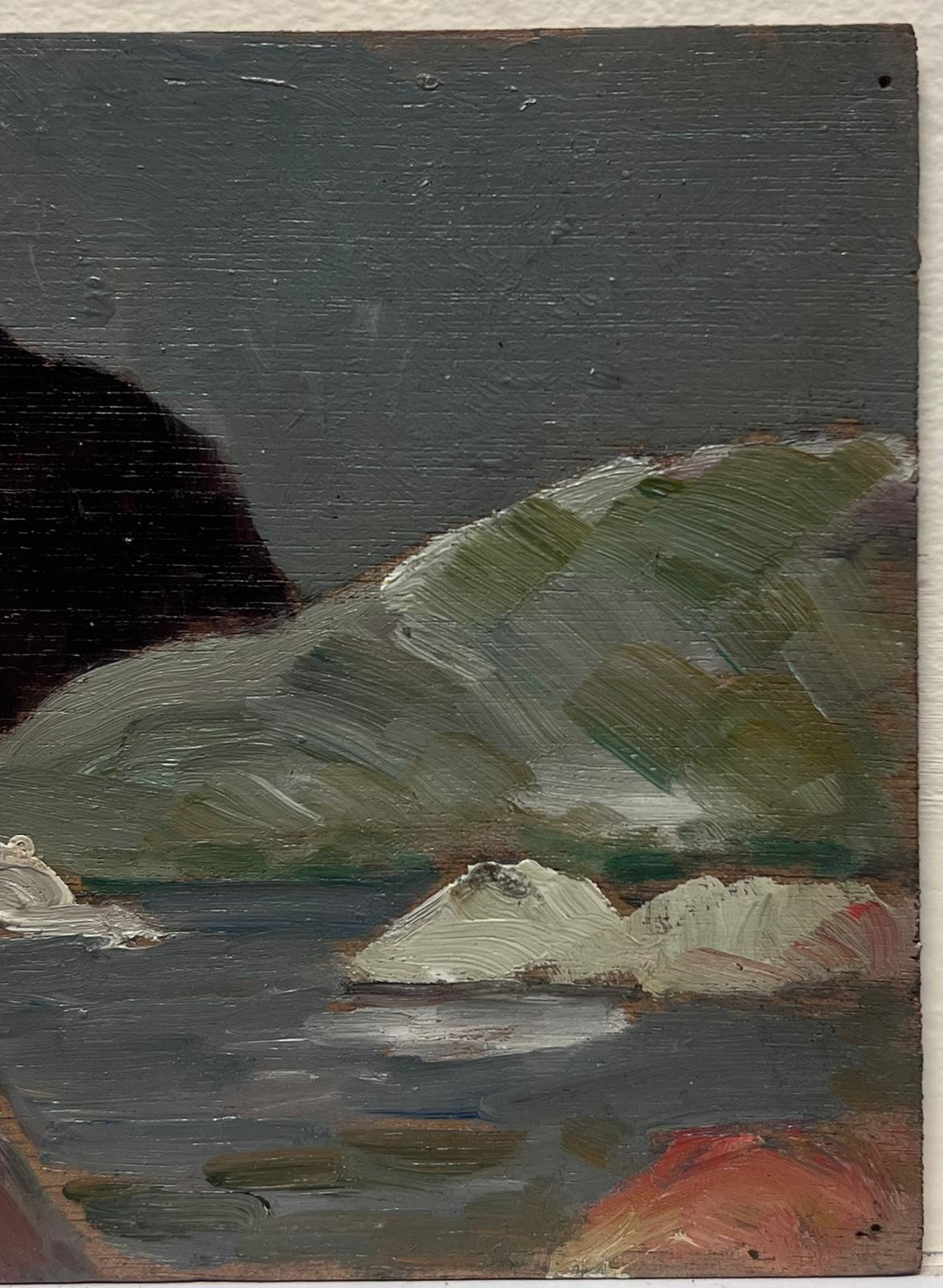 Ice Bergs
by Louise Alix (French, 1888-1980) *see notes below
provenance stamp to the back 
oil painting on board, unframed
measures: 5.5 high by 7 inches wide
condition: overall very good and sound, a few scuffs and marks to the surface and wear to