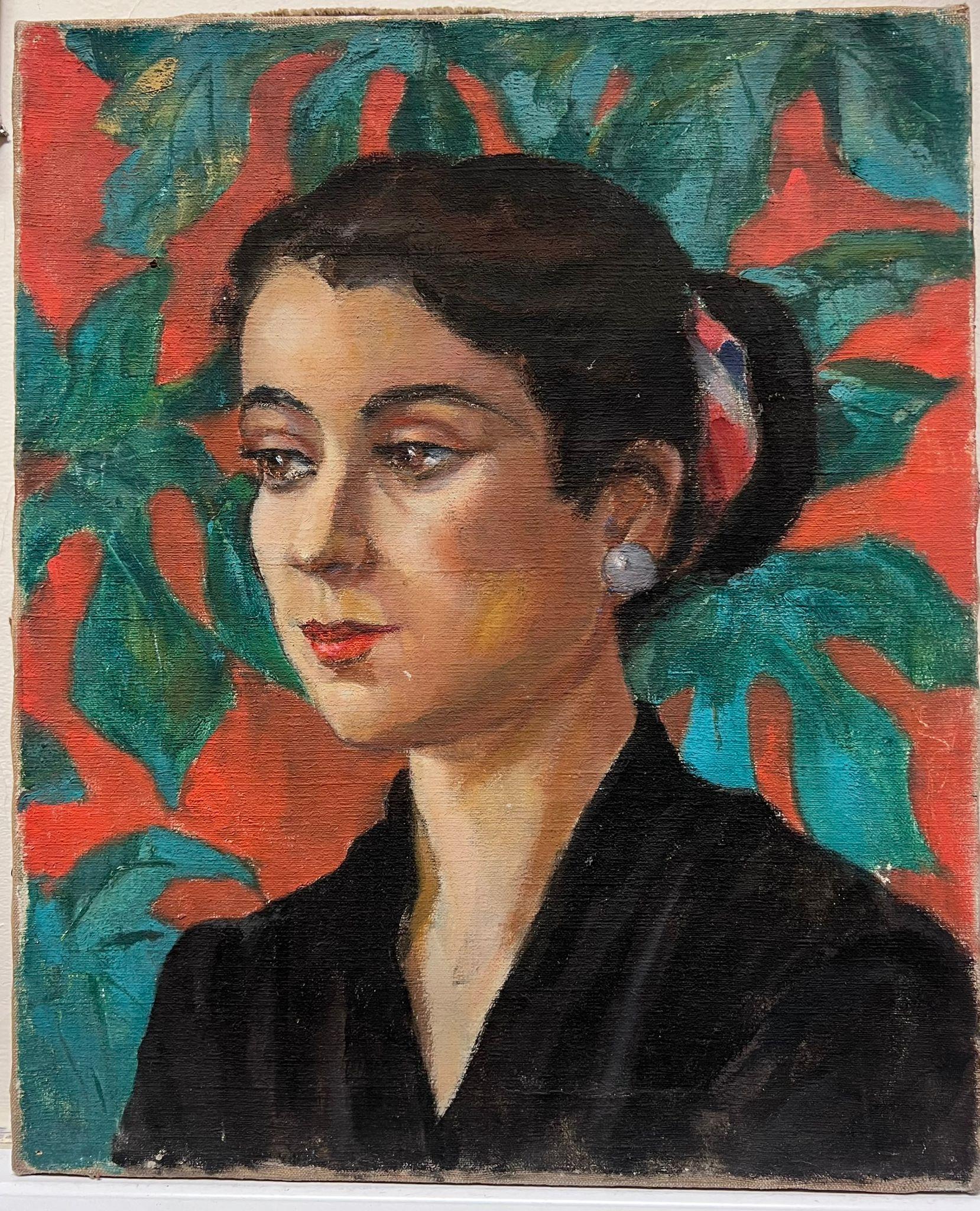 1940's French Post Impressionist Portrait of Woman Red & Green Background - Painting by Louise Alix