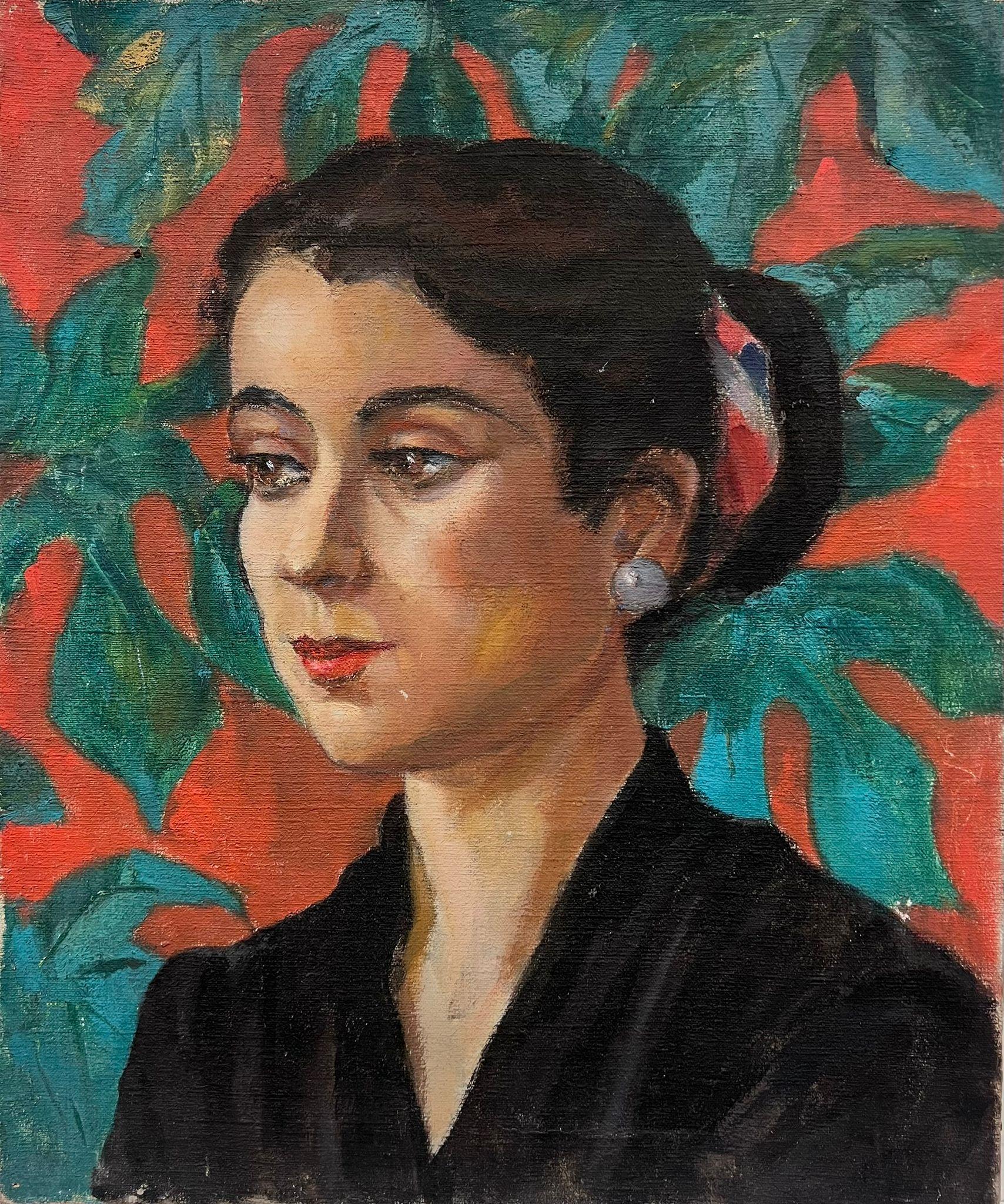 Louise Alix Figurative Painting - 1940's French Post Impressionist Portrait of Woman Red & Green Background