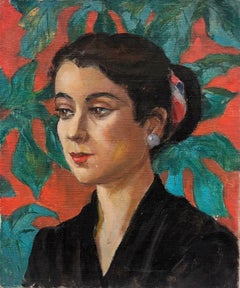 1940er Jahre Französisch Post Impressionist Porträt der Frau Rot & Grün Hintergrund