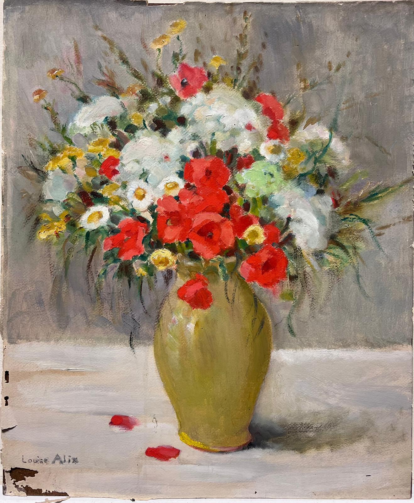 1950's French Impressionist Signed Oil Flowers in Vase Exhibition Label - Painting by Louise Alix