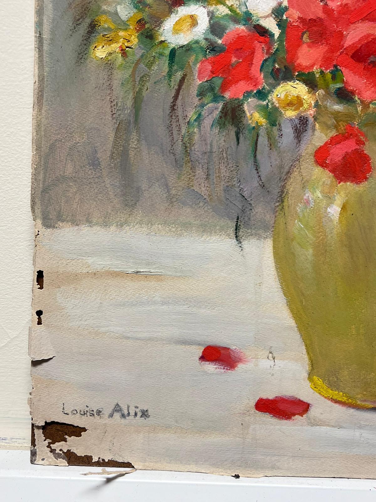 Vase de Fleurs
by Louise Alix (French, 1888-1980) *see notes below
provenance stamp to the back 
oil painting on canvas stuck on board, unframed
measures: 18 high by 15 inches wide
condition: overall very good and sound, a few scuffs and marks to