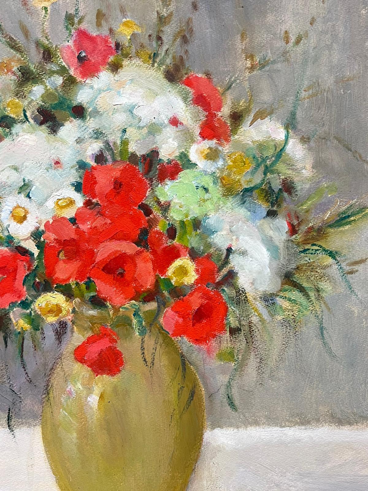 1950's French Impressionist Signed Oil Flowers in Vase Exhibition Label For Sale 1