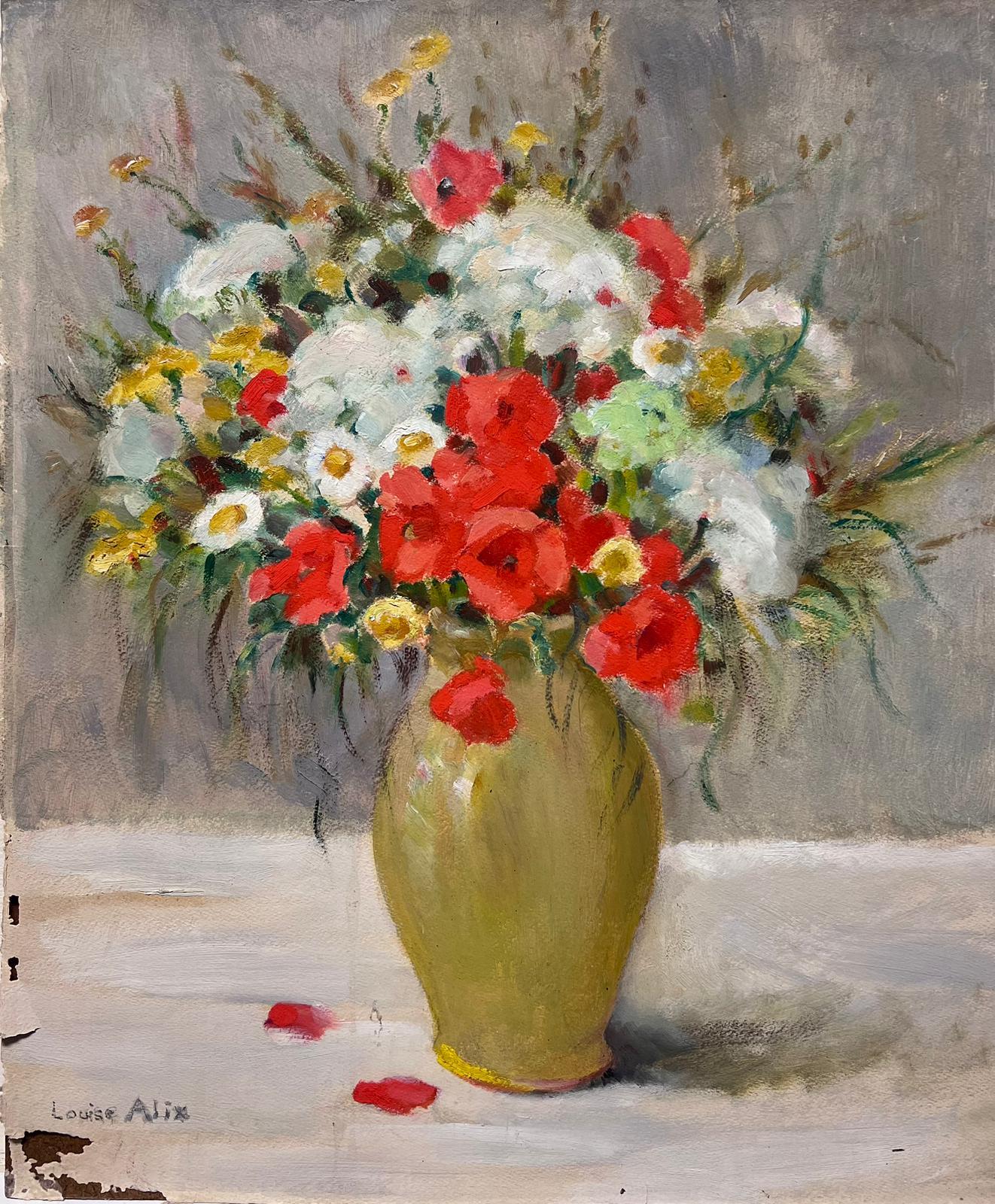 Louise Alix Still-Life Painting - 1950's French Impressionist Signed Oil Flowers in Vase Exhibition Label