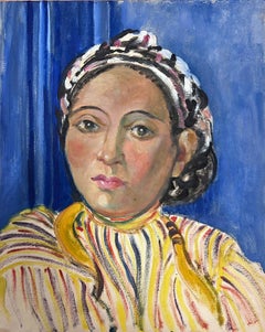 1950's French Modernist Painting Head Portrait of Young Lady in Headscarf