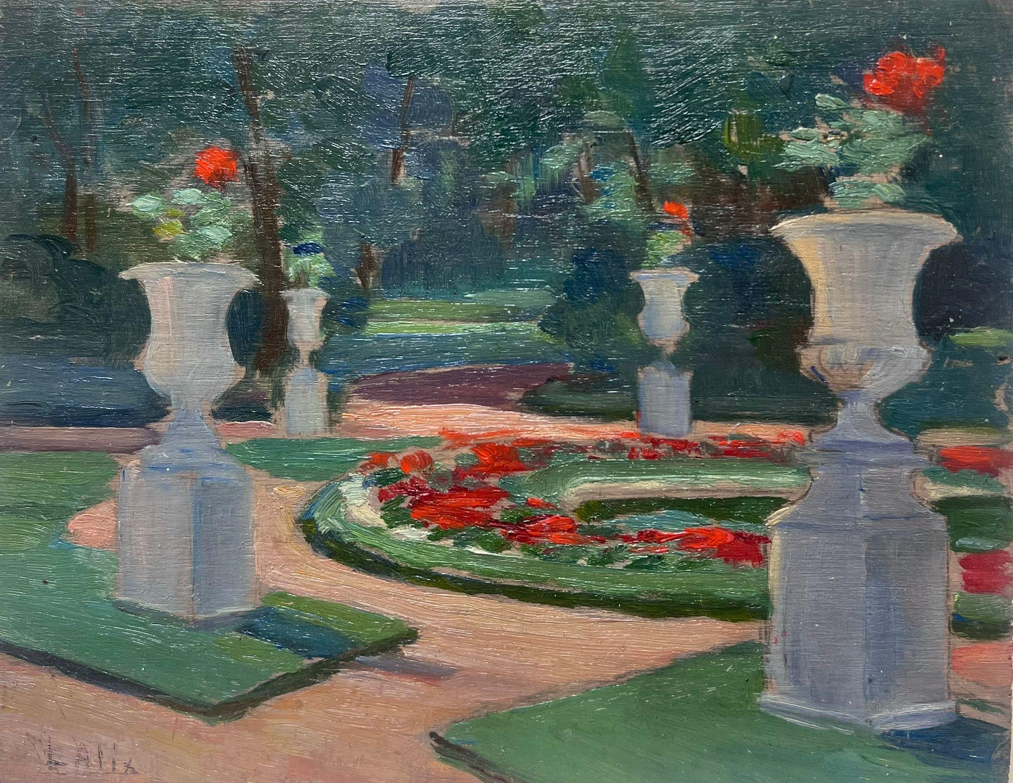 1950's French Park Gardens with Flower Beds & Stone Urns Fine Original Oil  - Painting by Louise Alix