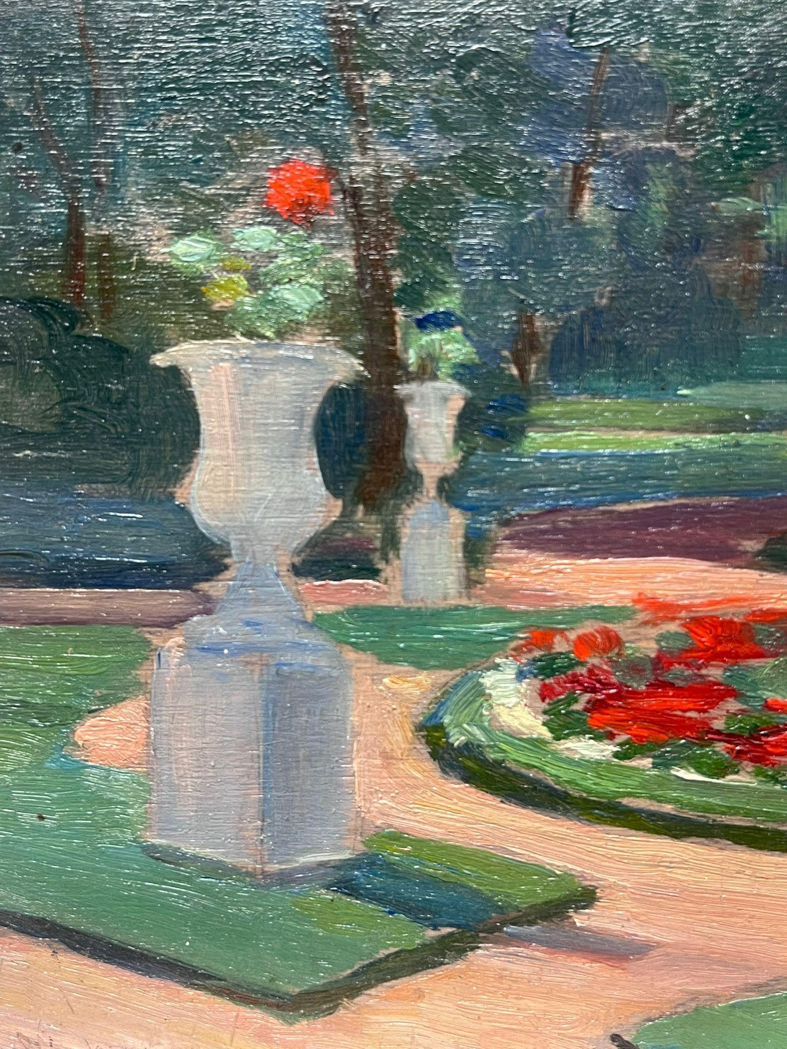 1950's French Park Gardens with Flower Beds & Stone Urns Fine Original Oil  - Gray Still-Life Painting by Louise Alix