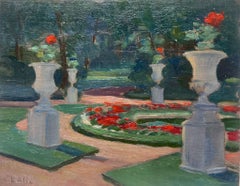Fine huile originale des années 1950 avec jardins de fleurs et urnes en pierre 