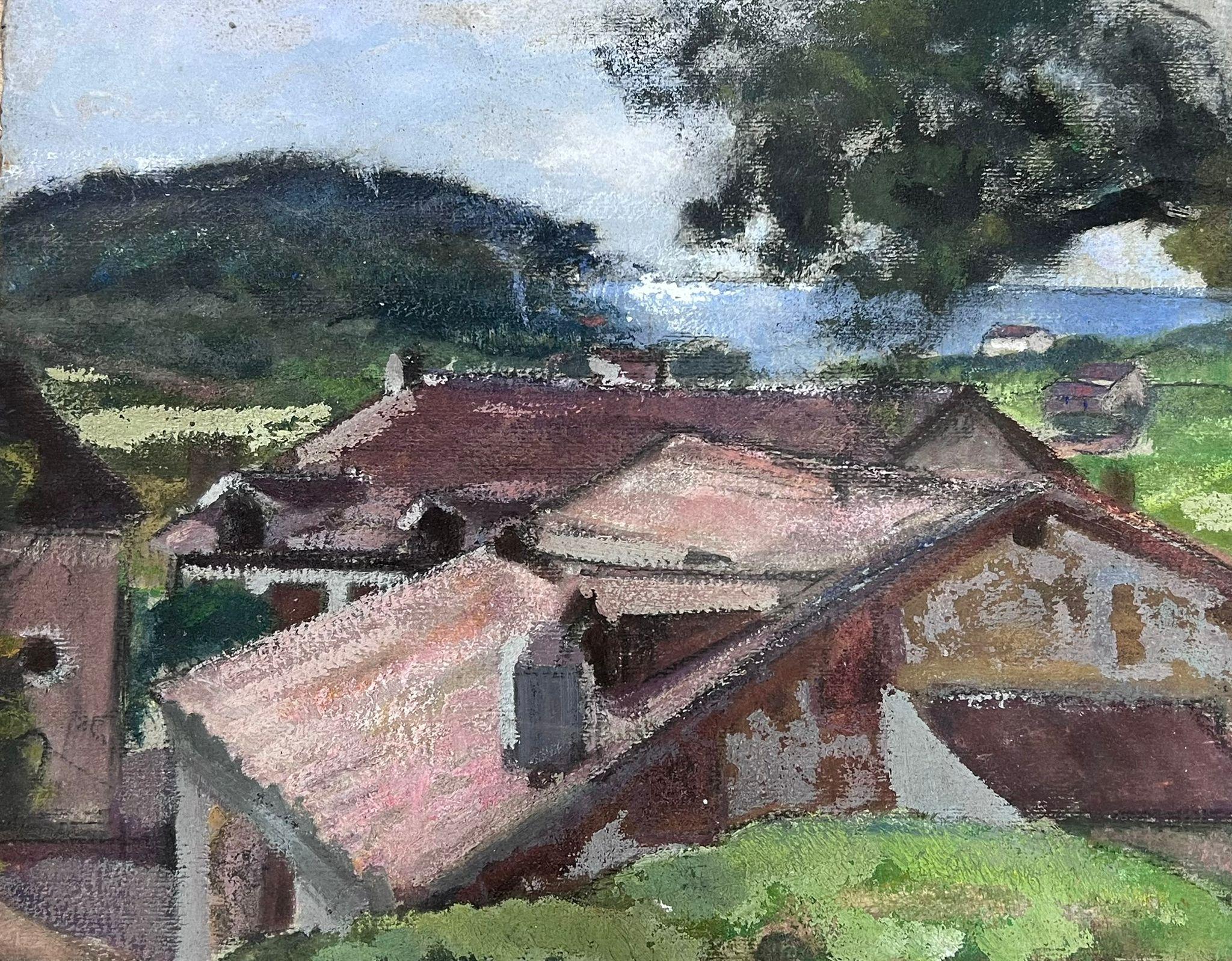 Brown Metal Roof Houses 1930's French Landscape Impressionist Painting
